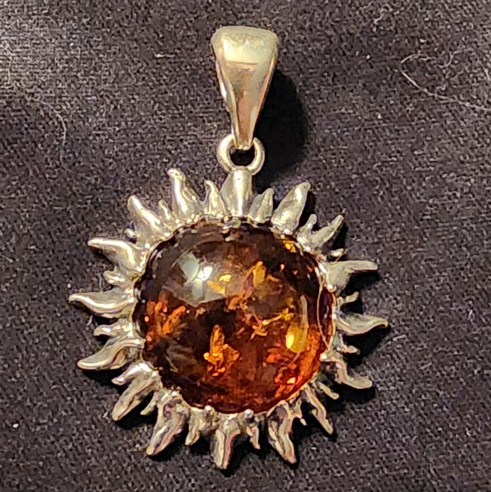 S925 Amber honey sunburst pendant, sterling silver, NEW! Artisan made, unisex